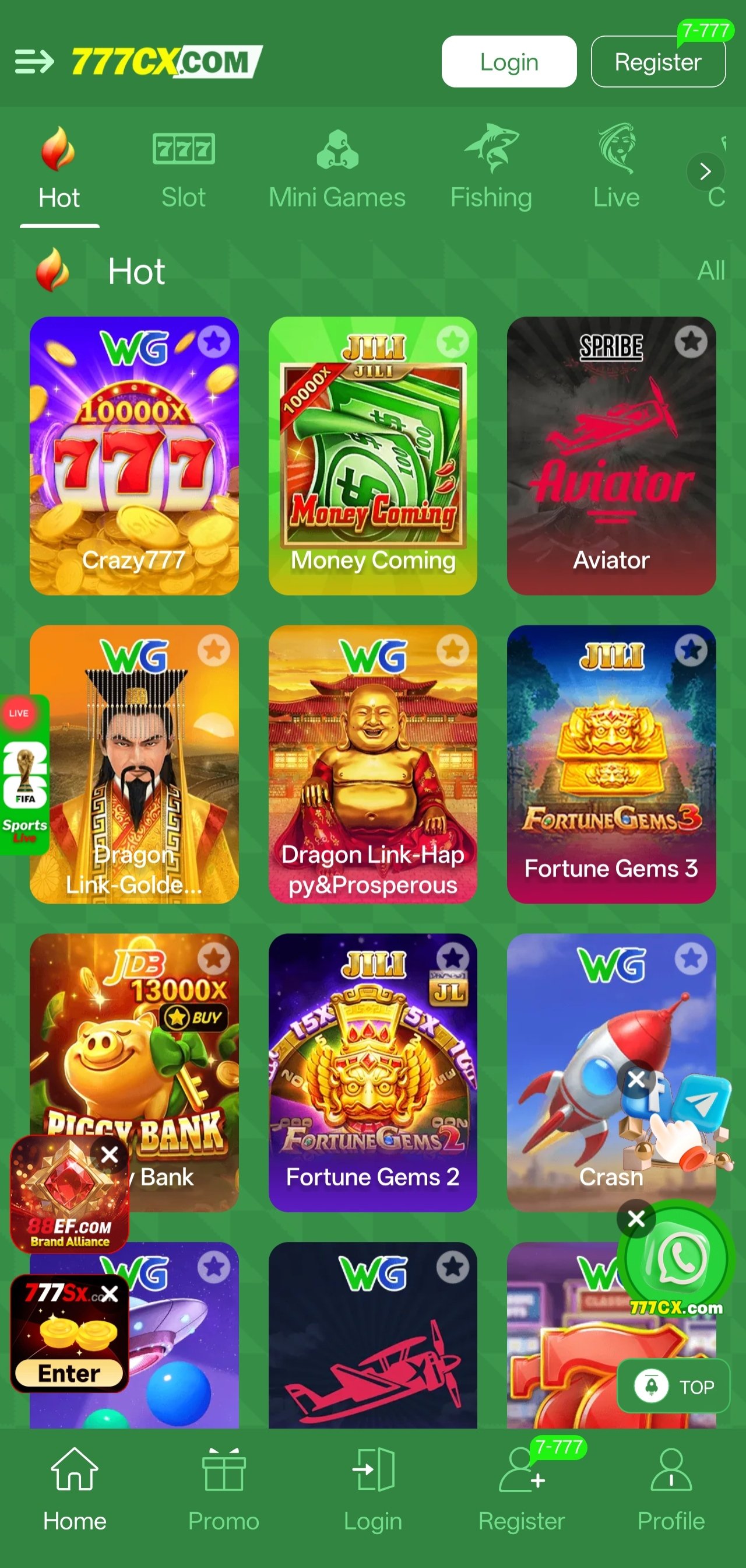 777cX game app home screen showing hot slot games on an Android phone