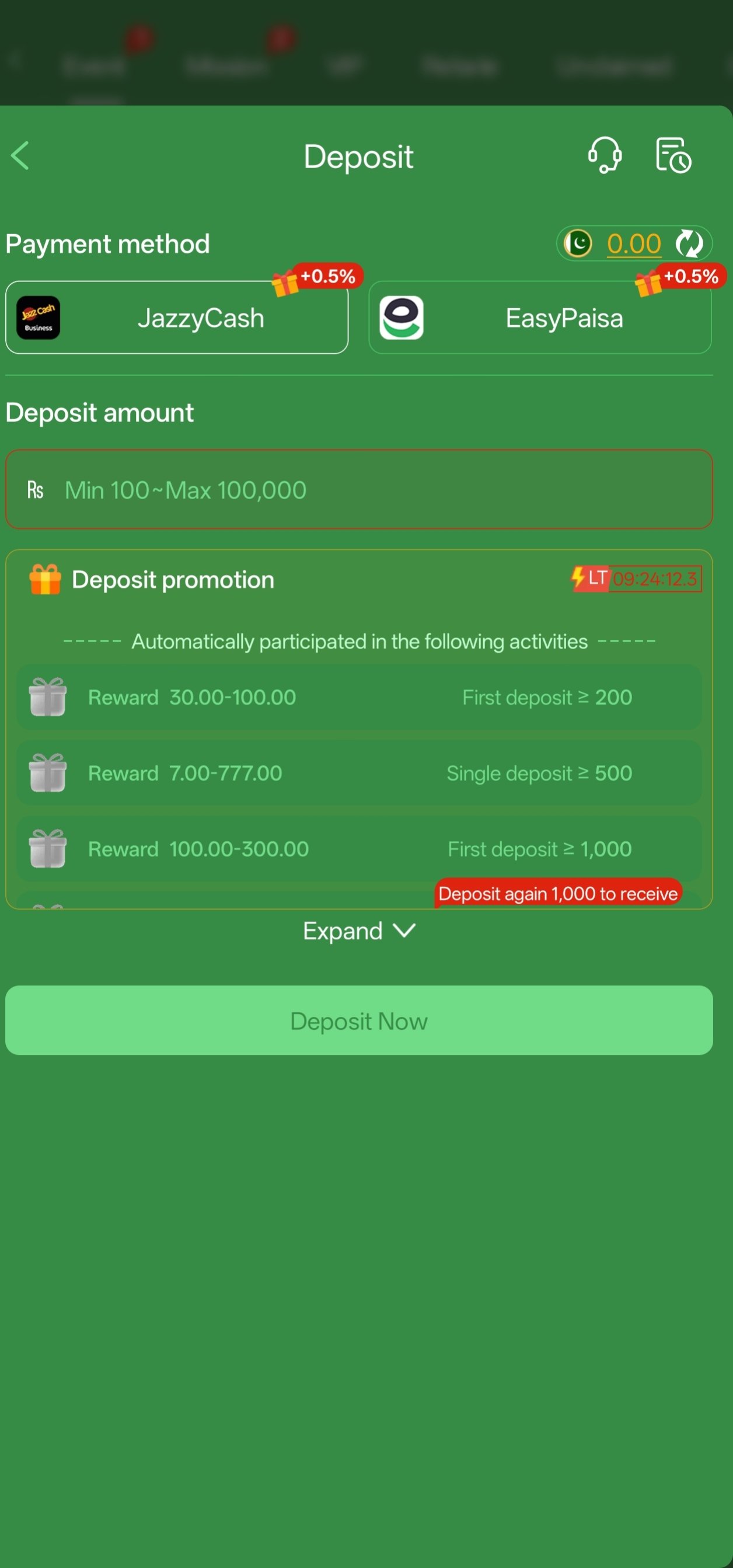 777cX app deposit screen with JazzCash and EasyPaisa payment methods