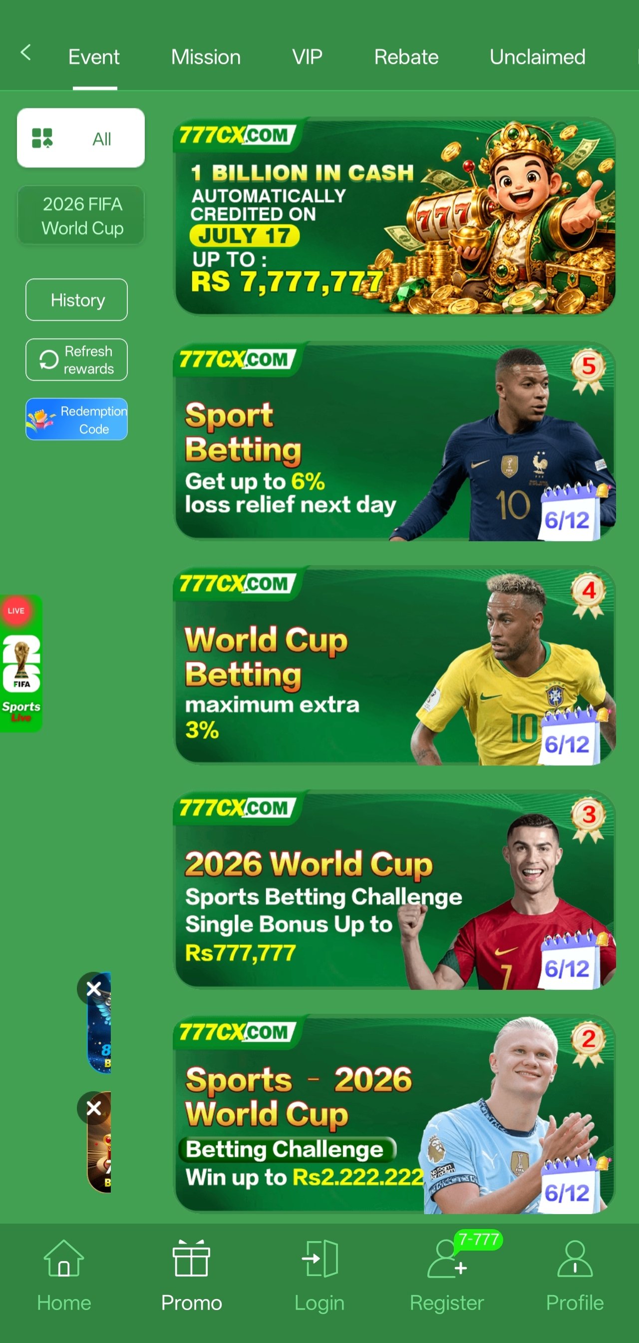 777cX app promotions and bonus screen